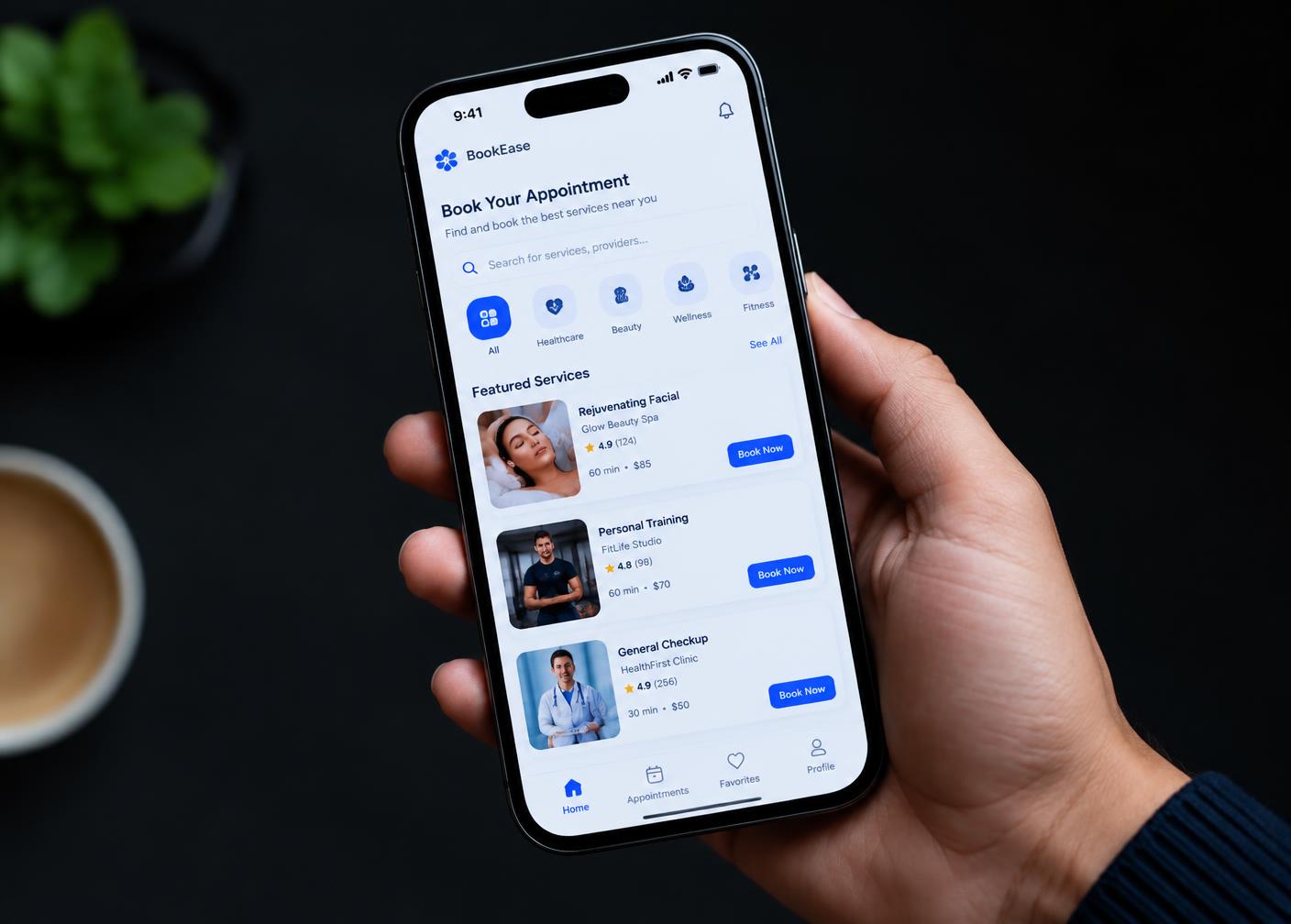 Mobile appointment booking application shown on a smartphone