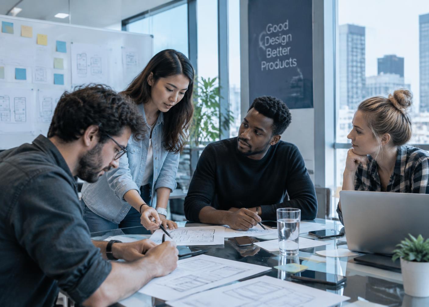 Designers and engineers reviewing product wireframes together